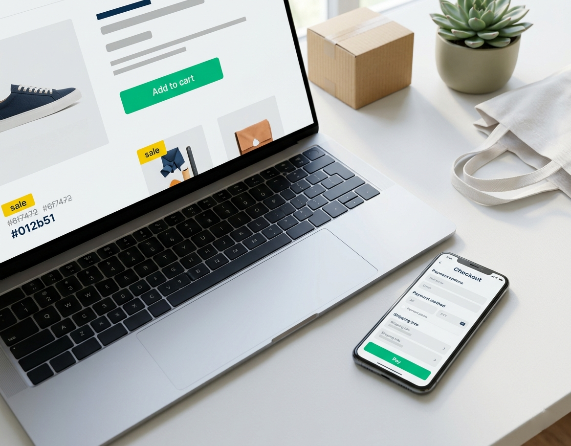 Ecommerce store checkout on laptop and phone